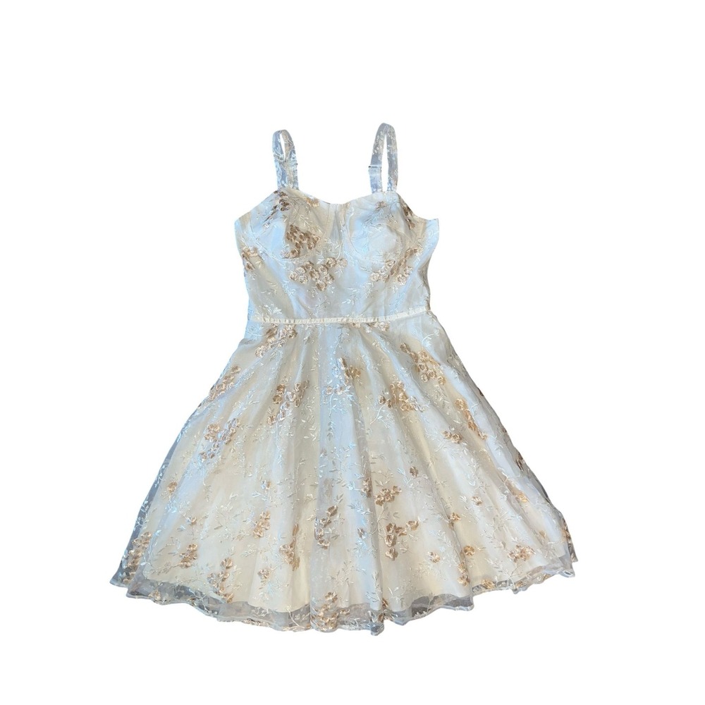 Cream Champagne Floral Embroidered Mesh Fit Flare Cocktail Dress Sweetheart Neck